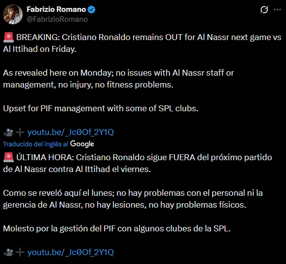 Cristiano Ronaldo no juega ante Al Ittihad (X @FabrizioRomano).