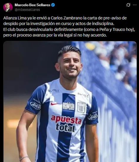 Alianza Lima evalúa los pasos a seguir con Carlos Zambrano (X @mbeesellares).