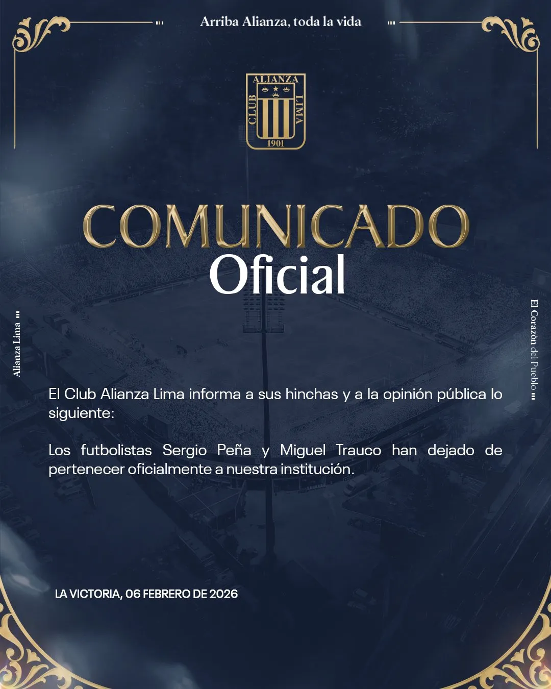 El comunicado de Alianza Lima con las rescisiones de Trauco y Peña (X @ClubALoficial).