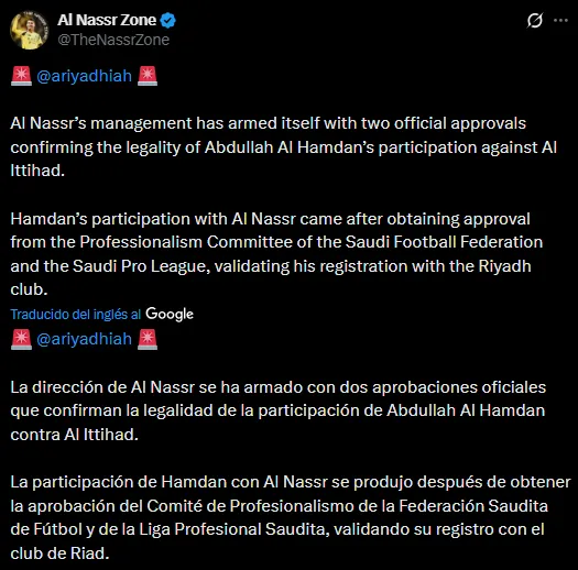 La defensa de Al Nassr con Abdullah Al Hamdan ante Al Hilal (X @TheNassrZone).