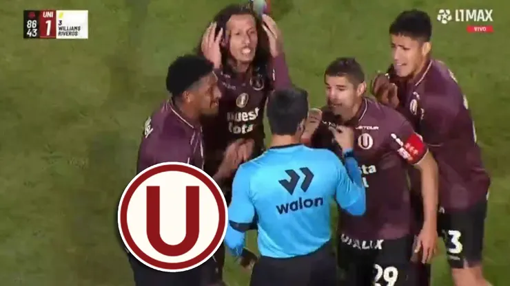 Jugadores de Universitario reclamando a Kevin Ortega.