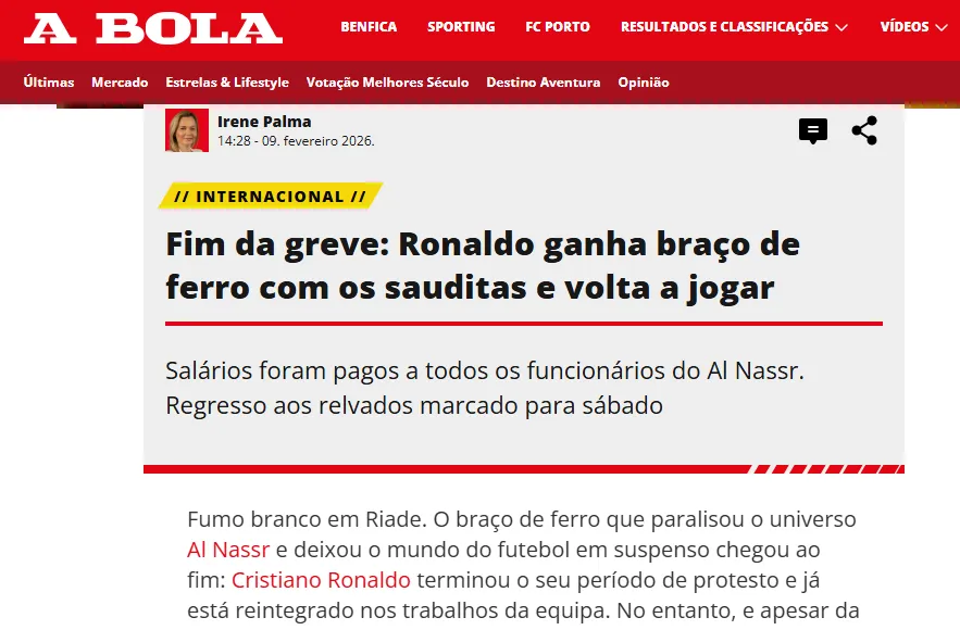 Cristiano Ronaldo levanta su huelga (A Bola).