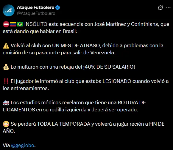 La situación del “Brujo” Martínez en Corinthians (X @AtaqueFutbolero).