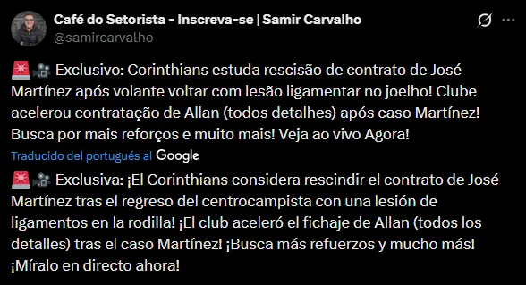 José Martínez podría ser despedido de Corinthians (X @samircarvalho).