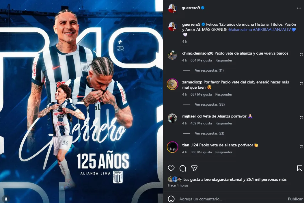 Publicación de Paolo Guerrero es cuestionada por los hinchas (Foto: Instagram).