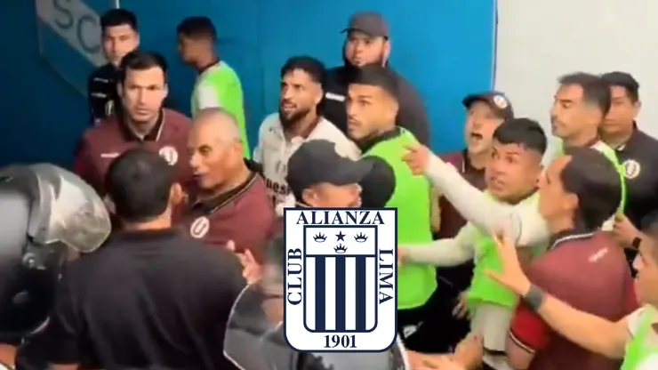 Jugadores de Universitario peleando con hinchas de Cristal.
