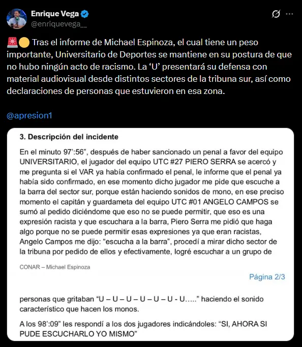Universitario se defende ante posible sanción por racismo. (Foto: X).