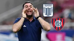 Pablo Guede con los escudos de Alianza Lima y San Lorenzo.