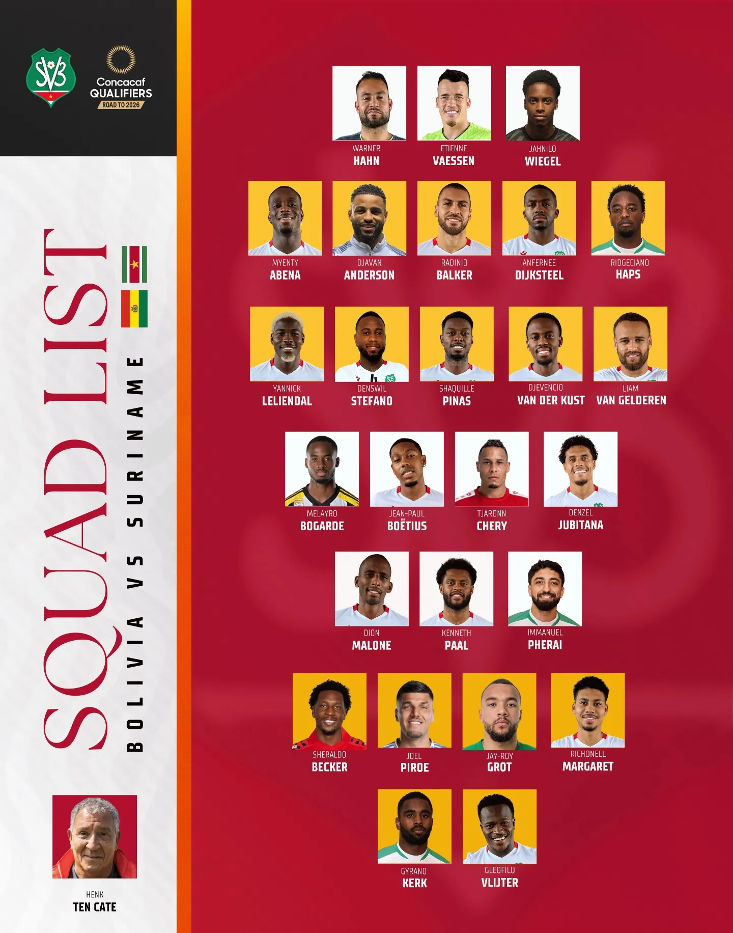 La lista de convocados de Surinam para jugar ante Bolivia (Instagram @officialsvb).