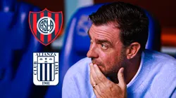 Pablo Guede con los escudos de Alianza Lima y San Lorenzo.