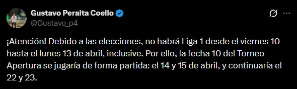 Liga 1 de Perú no tendrá partidos en votaciones. (Foto: X).