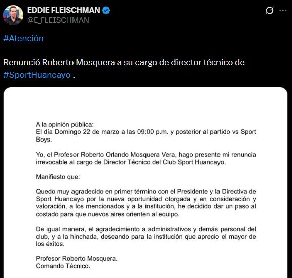 El periodista Eddie Fleischman compartió la carta de renuncia de Mosquera en Huancayo (X @E_FLEISCHMAN).