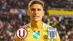 Facundo Callejo con escudos de Universitario, Sporting Cristal y Alianza Lima.