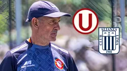 Walter Paolella, DT de Chankas, y los escudos de Alianza y Universitario.