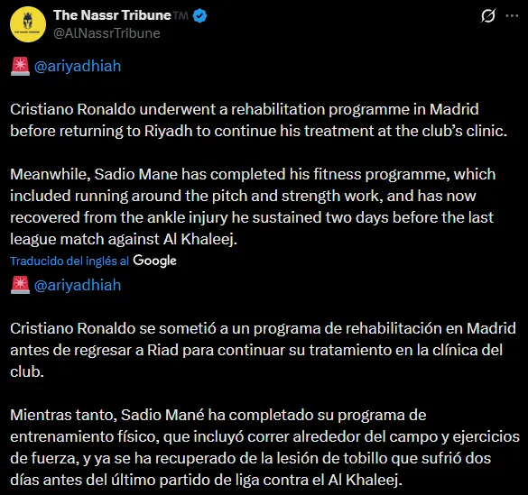 Panorama de Al Nassr con las lesiones de Cristiano Ronaldo y Sadio Mané (X @AlNassrTribune).