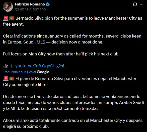 Bernardo Silva se va del Manchester City, según Romano (X @FabrizioRomano).