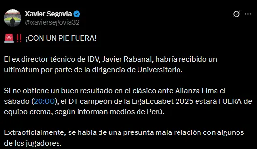 Javier Rabanal complicado en Universitario (Foto: X).