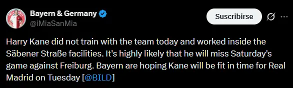 Harry Kane no entrenó este jueves y se perdería el partido ante Friburgo (X @iMiaSanMia).