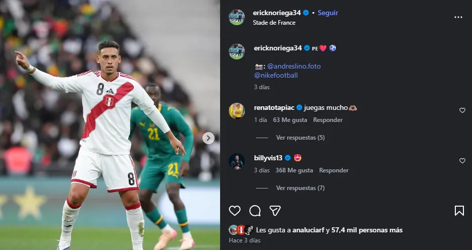 Renato Tapia y un guiño para Noriega, figura de la Selección Peruana (Instagram @ericknoriega34).