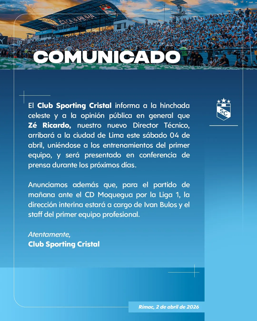 El comunicado oficial de Sporting Cristal con la llegada de Zé Ricardo (X @ClubSCristal).