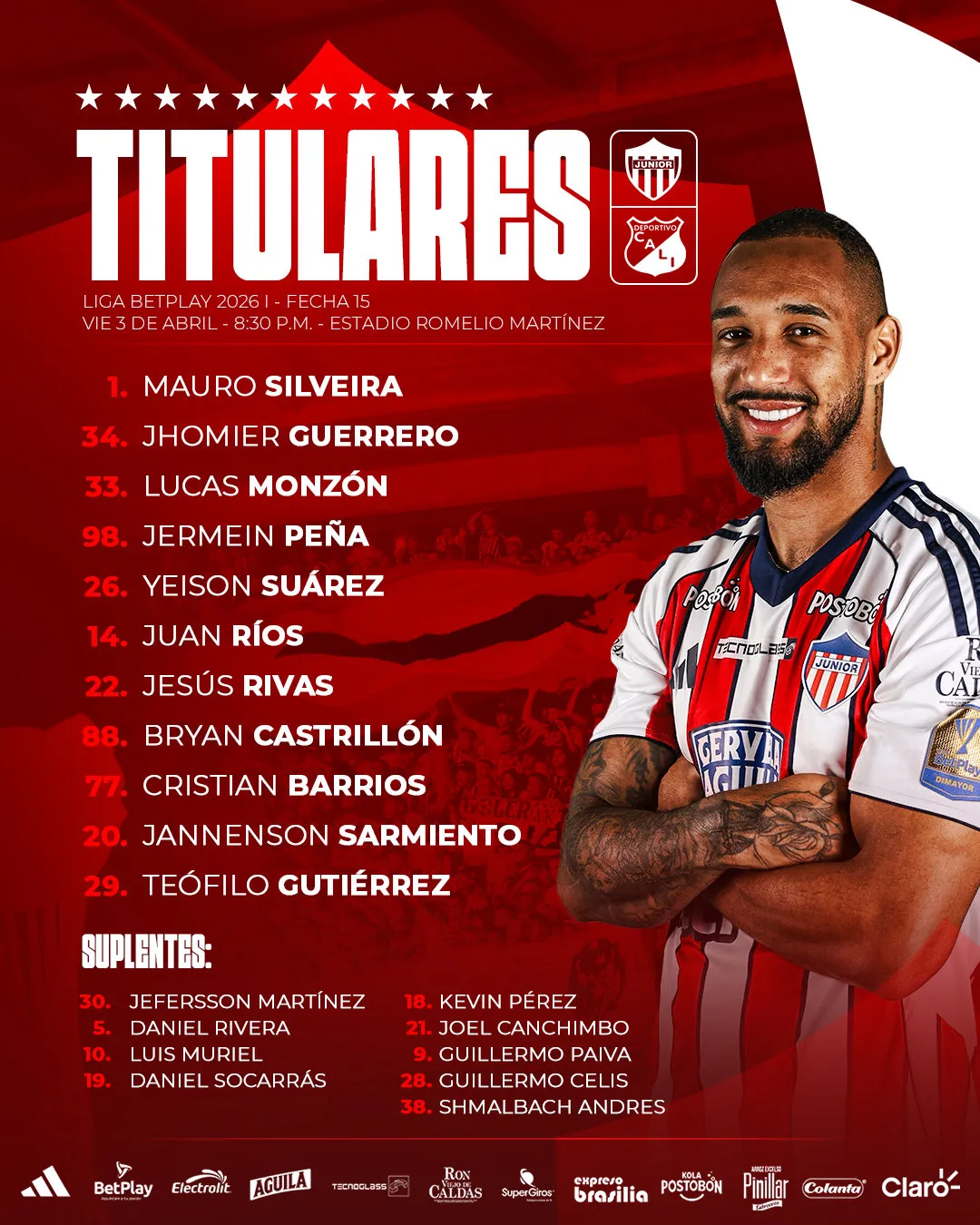 Los titulares de Junior para esta noche (Junior Club oficial).