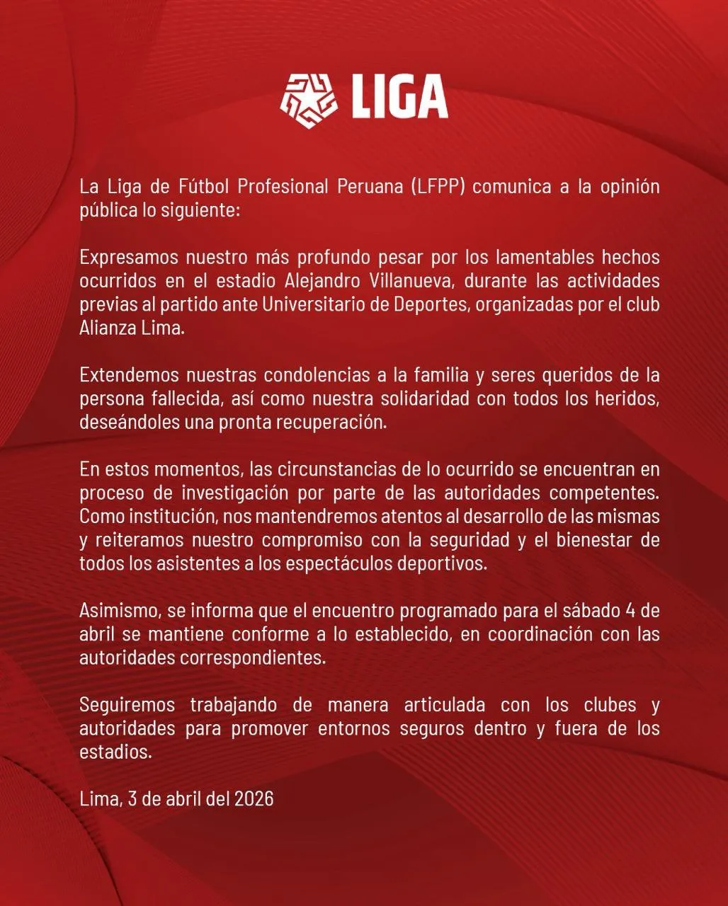 El comunicado oficial de la Liga tras los hechos conocidos en Matute (X @Liga1TeApuesto).