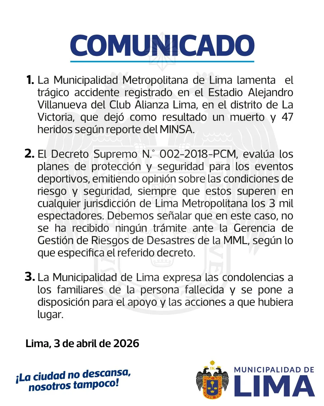 Comunicado de la Municipalidad Metropolitana de Lima (Oficial).