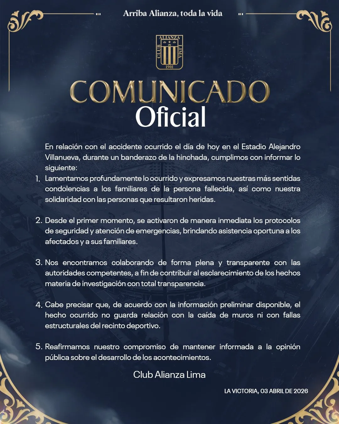 El comunicado oficial de Alianza Lima sobre lo ocurrido en Matute (X @ClubALoficial).