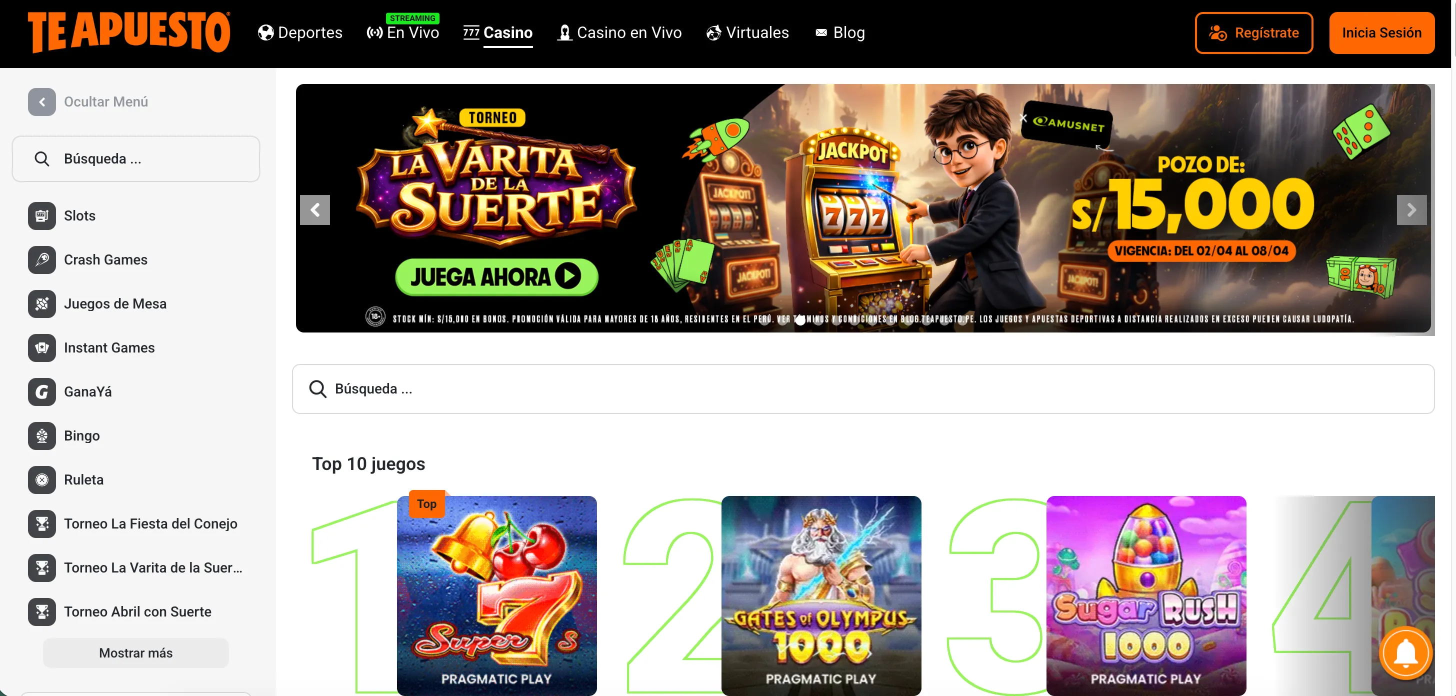 Captura de Te Apuesto Casino. (6 de abril del 2026)