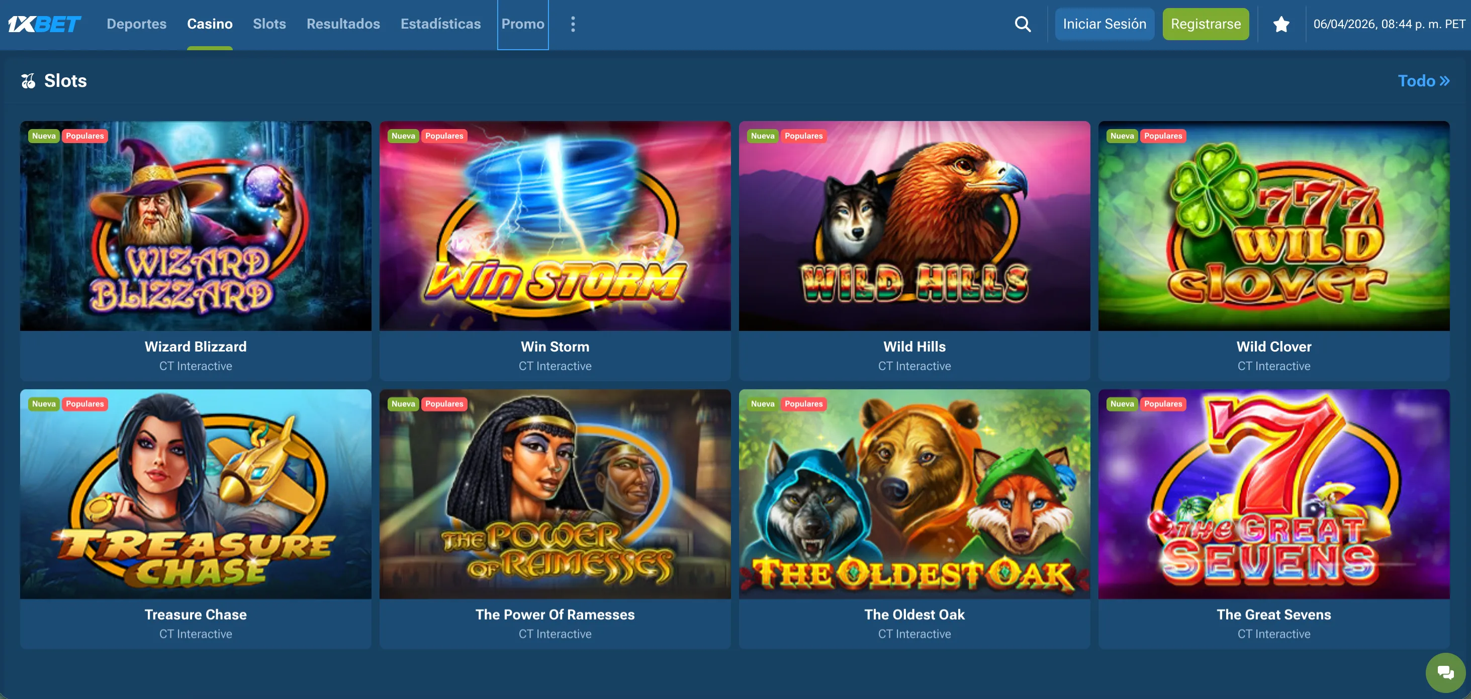 Captura de 1xbet Casino con juegos disponibles.