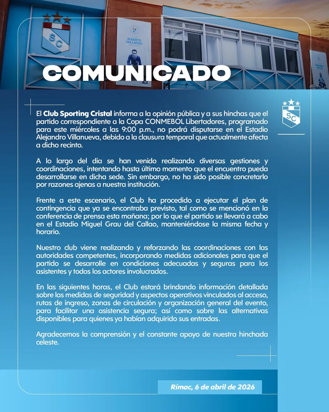 El comunicado oficial de Sporting Cristal confirmando el Miguel Grau del Callao para enfrentar a Cerro Porteño (Oficial).