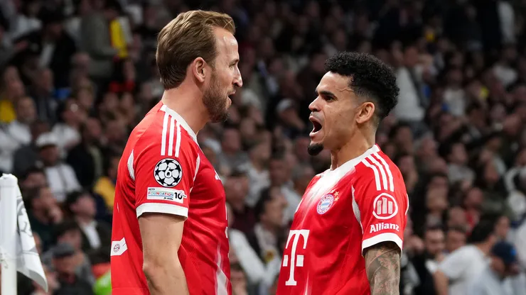 Harry Kane y Luis Díaz festejando sus goles en el Real Madrid vs. Bayern Múnich por Champions League.