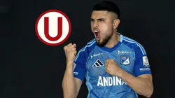 Rodrigo Ureña con la camiseta de Millonarios de Colombia y el escudo de Universitario.