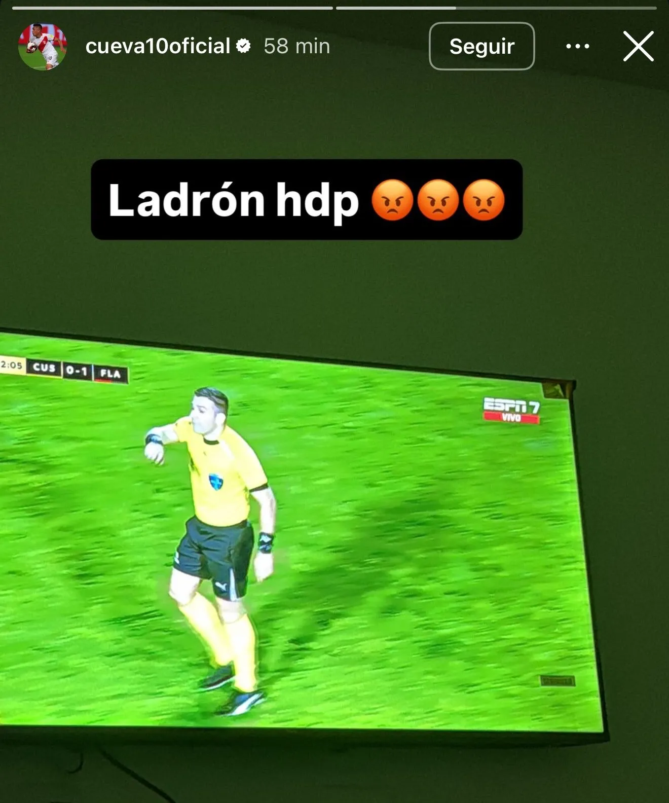 “Ladrón, hdp”, le dijo Cueva al árbitro Derlis López (Instagram @cueva10oficial).