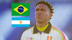 Pedro Gallese con la Selección Peruana y las banderas de Brasil y de Argentina.