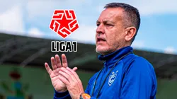 Horacio Melgarejo, entrenador de Cienciano, y el logo oficial de la Liga 1.