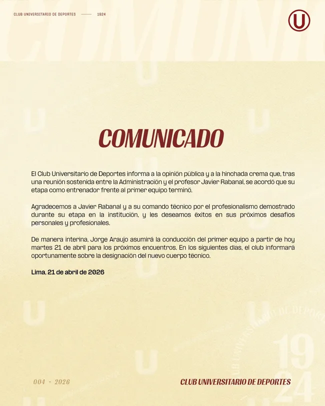 Universitario sacó el comunicado con el que despidió a Javier Rabanal. (Foto: Universitario)