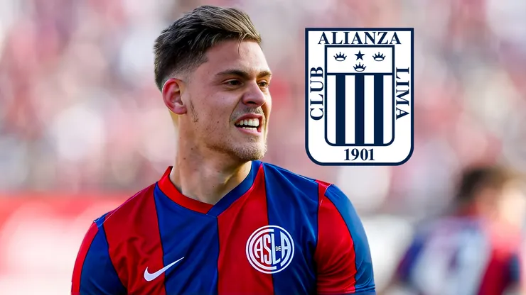 Federico Girotti con la camiseta de San Lorenzo y el escudo de Alianza Lima.