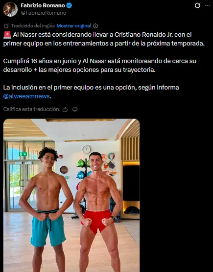 Al Nassr considera subir a Primera a Cristiano Jr. (X @FabrizioRomano).