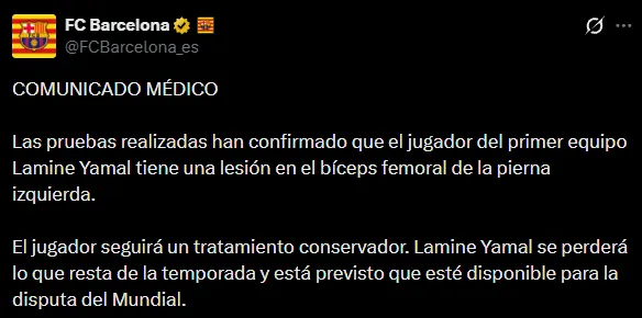 Lamine Yamal sufrió una lesión en el bíceps femoral de la pierna izquierda (X @FCBarcelona_es).