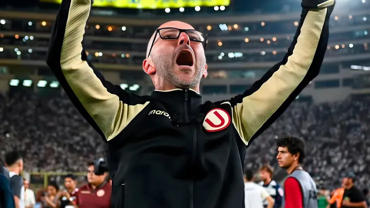 Javier Rabanal festejando el triunfo de Universitario ante Alianza Lima en el clásico peruano.