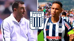 El técnico Pablo Guede junto al defensor Renzo Garcés con el escudo de Alianza Lima.