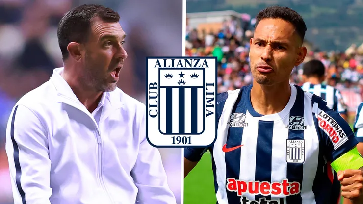 El técnico Pablo Guede junto al defensor Renzo Garcés con el escudo de Alianza Lima.
