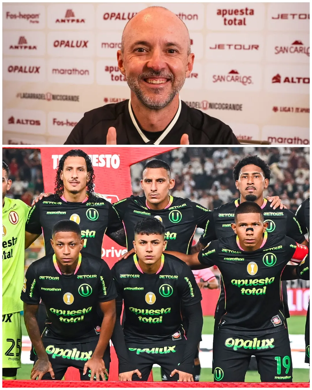 El técnico Javier Rabanal arriba y el plantel de Universitario vs. Deportivo Garcilaso abajo. (Foto: Producción Bolavip)
