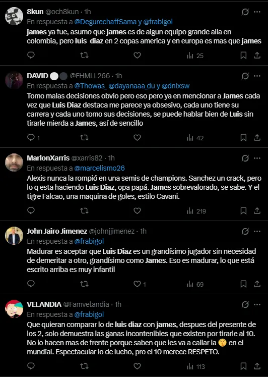 Hinchas debatiendo por Luis Díaz y James Rodríguez (Foto: X).