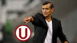 El técnico Fabián Bustos y el escudo de Universitario.