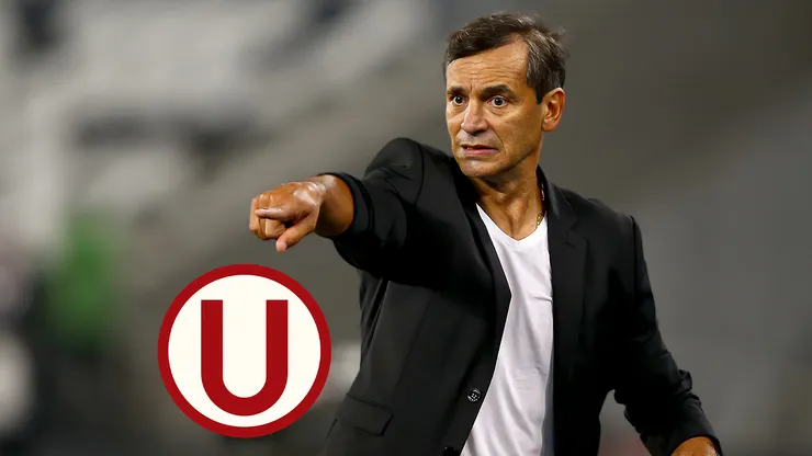 El técnico Fabián Bustos y el escudo de Universitario.