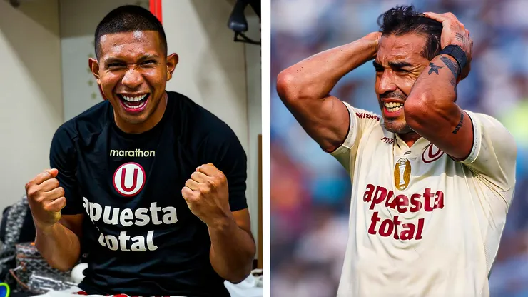Edison Flores feliz y Lisandro Alzugaray enojado mientras ambos tienen los colores de Universitario.