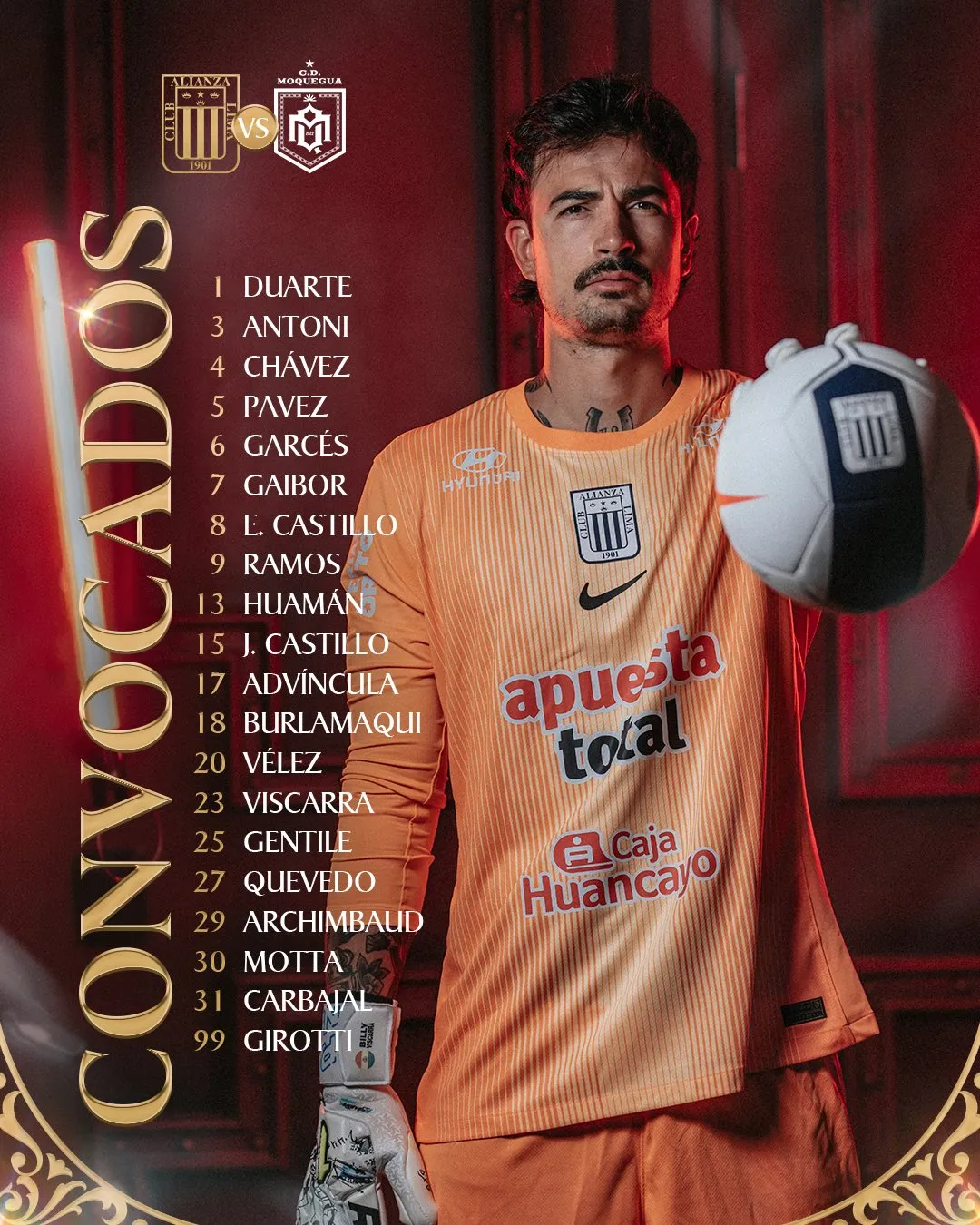 La lista de convocados de Alianza Lima para enfrentar a CD Moquegua (Oficial).