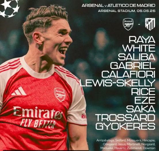 La alineación titular del Arsenal ante el ‘Atleti’ (X @Arsenal).